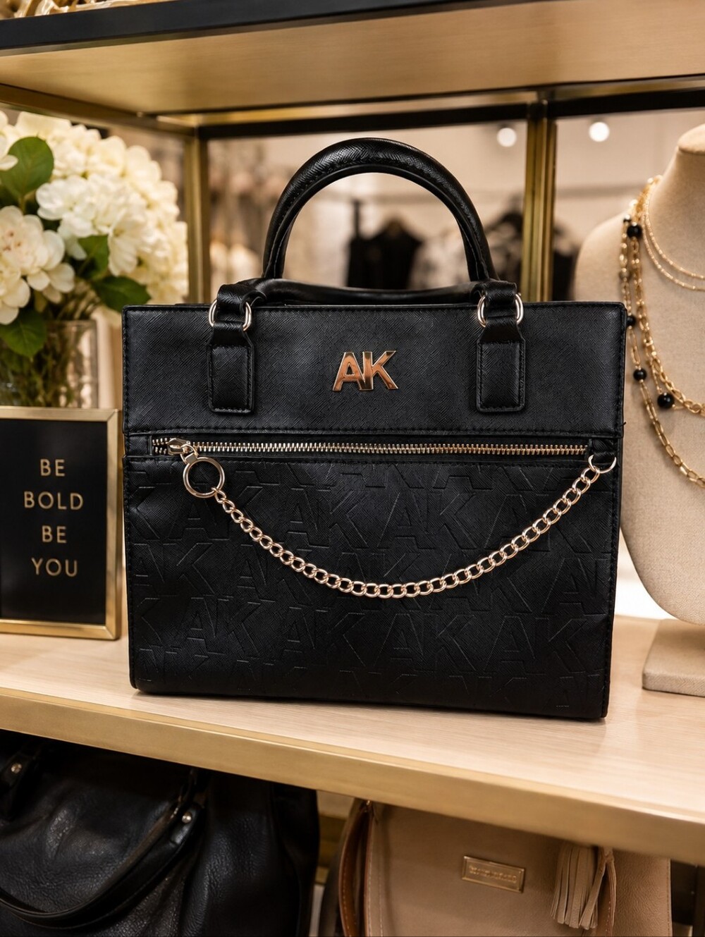 Anne Klein Black Structured Hand HeldTote Bag with Gold Accents